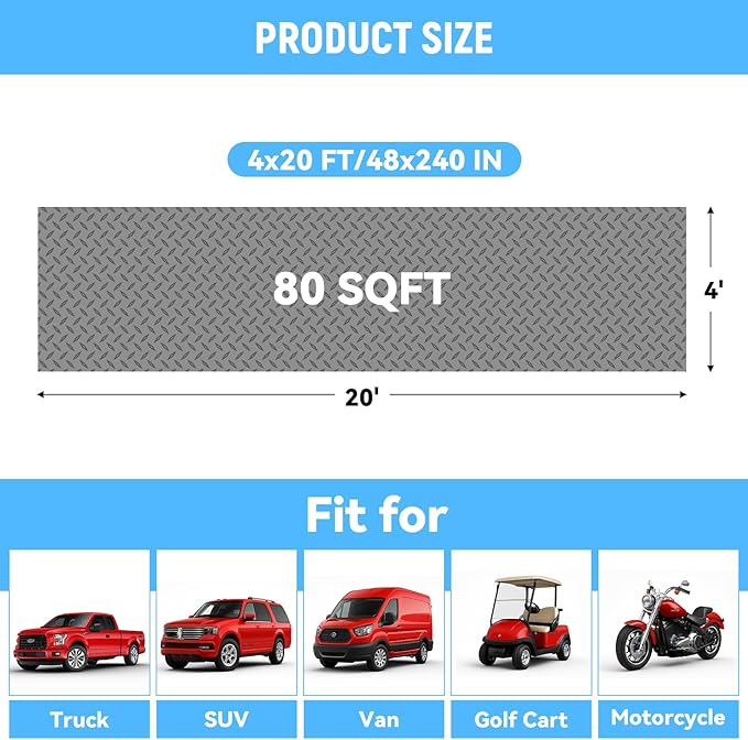 4x20 FT Garage Floor Mat, 2.8mm Thickened PVC Flooring Roll for Under Car, Golf Cart Parking Mat, Diamond Plate Gray Motorcycle Mat for Warehouse, Basement, Gyms, Trailer（Included Tapes）