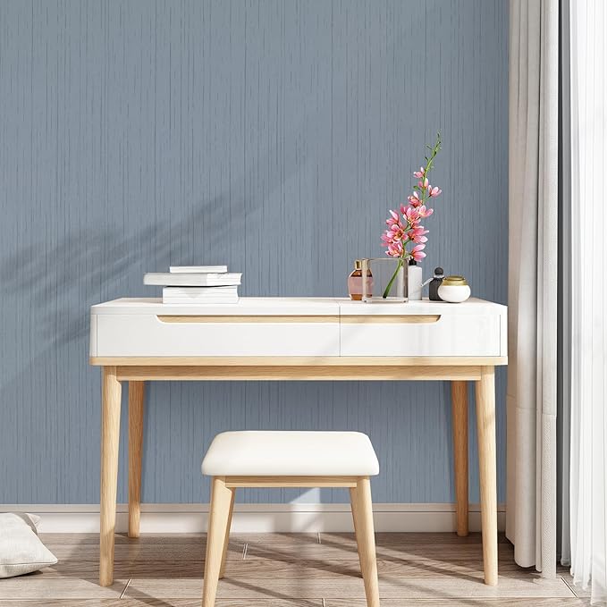 Grey Blue Peel and Stick Grasscloth Texture Wallpaper 15.74" x 196.85" | Neutral Faux Grass Cloth Contact Paper Waterproof Vintage Removable Linen Vinyl Wall Paper for Room Walls Furniture