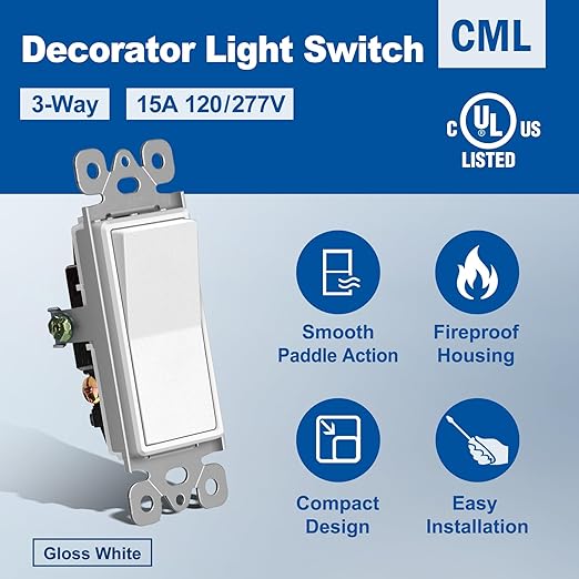 (20 Pack) CML 3 Way Decorator Paddle Rocker Wall Light Switch, Single Pole or Three Way, 15A 120/277V, On/Off Interrupter, UL Listed, White