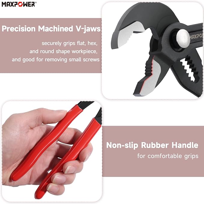 MAXPOWER 10-Inch Tongue-and-Groove Pliers, 1.2" Jaw Opening V Jaw Pliers | Quick Release Push Button Adjustable Pliers, Serrated Teeth, Comfortable Grips