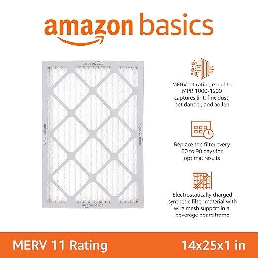 Amazon Basics 14x25x1 Air Filter, MERV 11 AC Furnace Filters, Allergy Control, Removes Dust and Lint, Electrostatic, 6-Pack (Actual Size: 13.75" x 24.75" x 0.75")