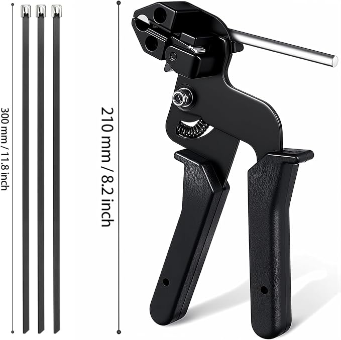 Stainless Steel Cable Tie Gun & 100pcs 12in Black Metal Zip Ties | Self-Locking, UV & Corrosion Resistant Stainless Steel Zip Ties for fence repair, Exhaust Wrap, Chicken Coop, Pipe, Farm Use