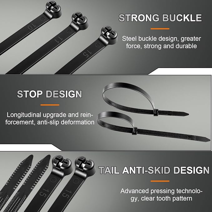 Blulu 200 Pcs 13 Inch Heavy Duty Cable Zip Ties, 9.7mm Extra Wide, 100 Lbs Tensile Strength, Metal Tooth Stainless Steel Locking, Black UV Resistant Wire Wraps for Industrial, Indoor and Outdoor Use