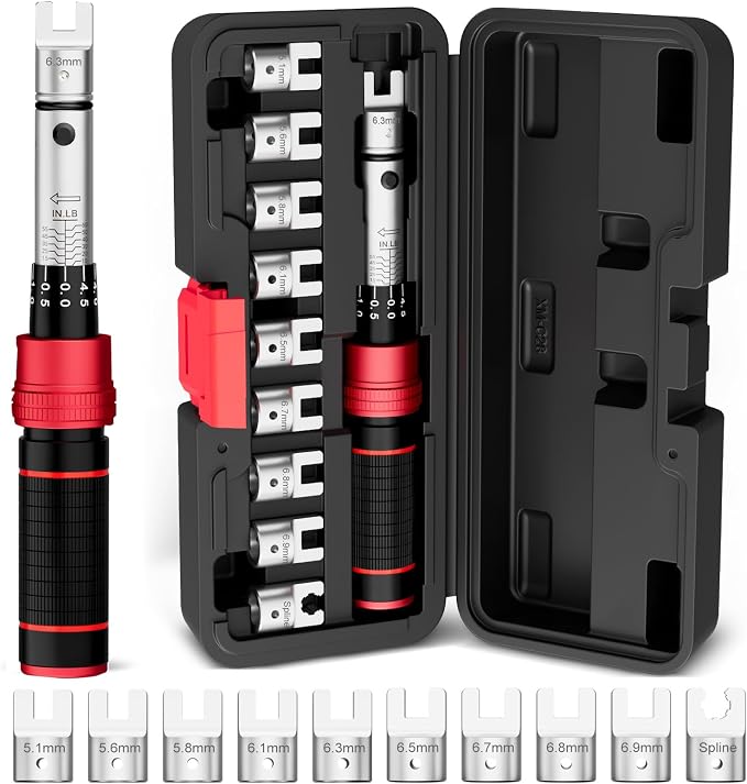 VANPO Spoke Torque Wrench, 10–60 in-lb, for Motorcycle Wheel Maintenance | 1/4" Drive Small Torque Wrench Kit with 9 Spoke Wrench Heads (5.1-6.9mm) & Spline, Spoke Wrench for Mountain, Road Bike