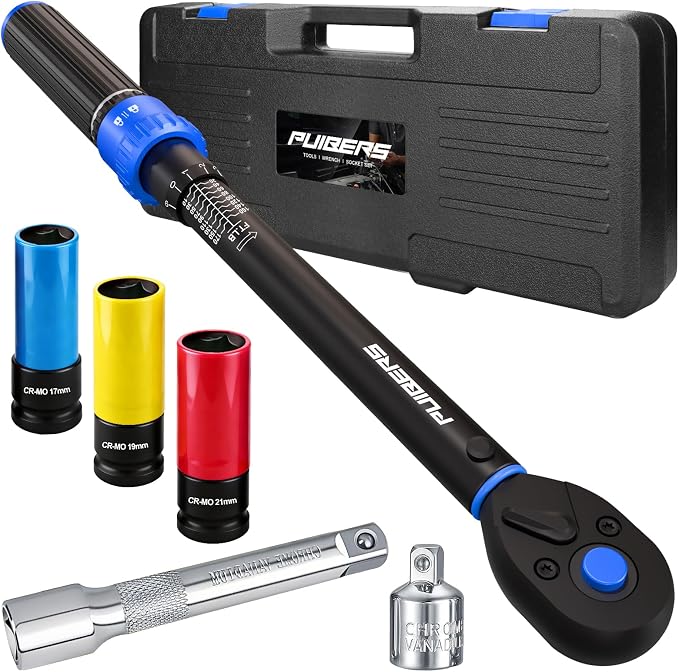 10-170FT 1/2'' Torque Wrench Socket Set, 17mm 19mm 21mm Wheel Sockets with 3/8" Drive Adapter and Extension Bar 72 Tooth, High Accuracy Laser Marking Scale for Auto Motorcycle Repair