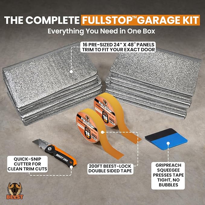 BEEST FULLSTOP Garage Door Insulation Kit - 16x7 & 16x8ft Double Garage Door Insulation Panels - 16 Pre-Cut 24x48 Foam-Core Panels w/ Tape, Cutter & Squeegee - Improve Garage Comfort Year-Round