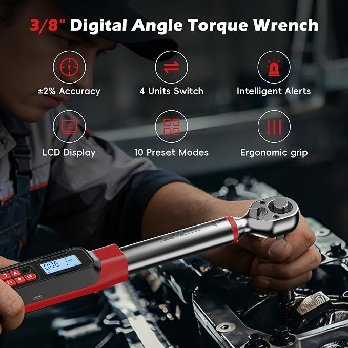 3/8" Digital Angle Torque Wrench, 2-44 Ft.lb, ±2% Accuracy, 8pcs | Electronic Torque Wrench with 0.1° Angle Mode, LED Display, Buzzer Alerts for Automotive, Motorcycle & Engine Repair