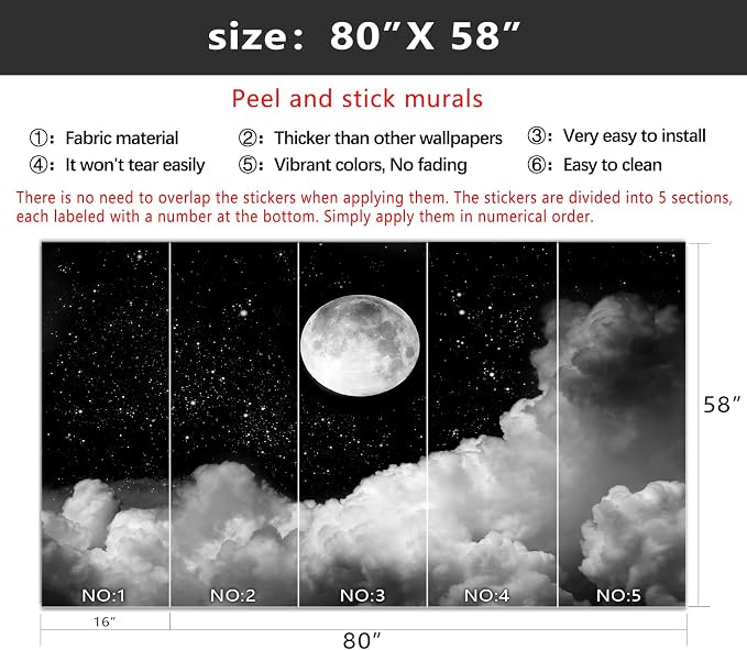 YIHWM-Peel and Stick Galaxy Wallpaper Moon Clouds Black Starry Sky Mural