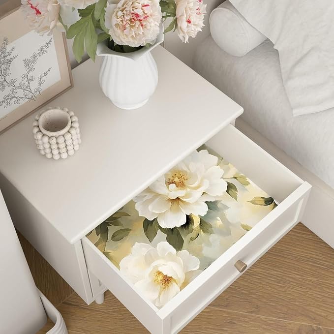 White Floral Wallpaper Peel and Stick,Beige/Green Peony Contact Paper,Oil Painting Watercolor Large Flower Wall Paper Self Adhesive Waterproof Removable for Bedroom Shelf Cabinet Drawer 17.5" x 118"