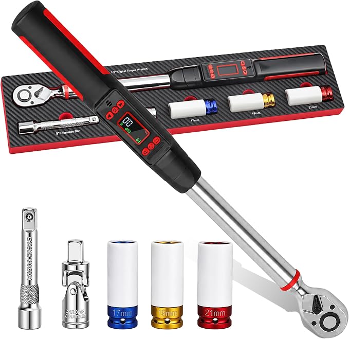 1/2" Digital Torque Wrench Set 6Pcs, 14.7-295Ft-lb(20-400Nm) ±2% Acc, Triple Vib/Beep/LED Alert, 5 Units, Torque Preset, Non-Marring Sockets, Ext Bar, Hard Case, Car Truck RV Tire Suspension Tool