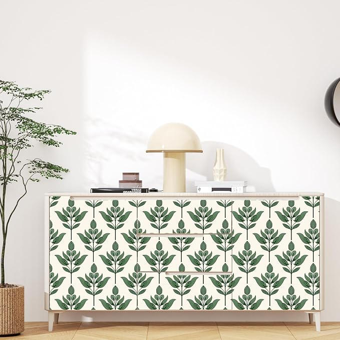 BOKEBEVE Boho Leaf Peel Stick Wallpaper Damask Beige Green 17.5 x 118In | Modern Symmetry Contact Paper Floral Wall Paper for Bedroom Accent Walls Laundry Nursery Pantry Renter Friendly Removable