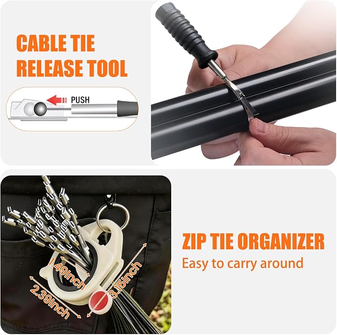 153PCS Stainless Steel Cable Tie Gun Kit with Heavy Duty Metal Zip Ties (100PCS 11.8"+ 50PCS 7.8") with Zip Tie Organizer & Release Tool for Chain Link Fence, Exhaust Pipe, Outdoor & Industrial