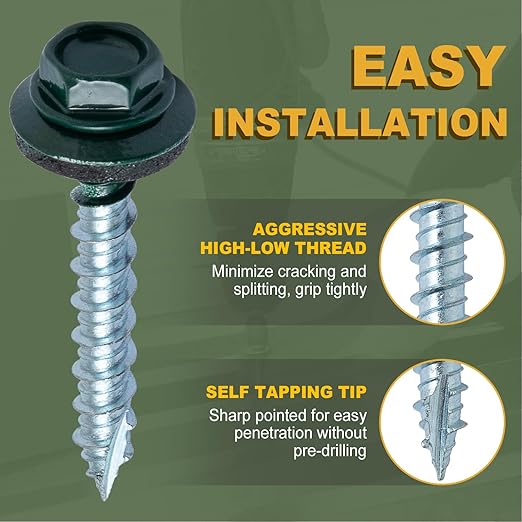 LIONMAX Metal Roofing Screws #10 × 2-1/2 Inch, 300-PCS, Forest/Ivy Green Painted Hex Head Sheet Metal Roof Screws, Rubber Washer, Sharp Point, Metal to Wood Siding Screws, Hex Socket Included