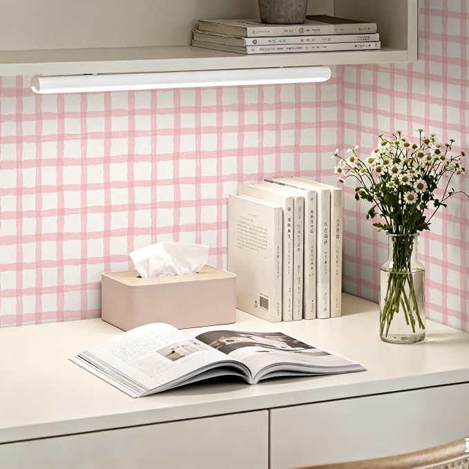 Plaid Wallpaper Peel and Stick, 17.7"x393" | Hand-Painted Pink, Self Adhesive, Vinyl, Removable, Boho Checkered Contact Paper for Bedroom, Living Room, Bathroom