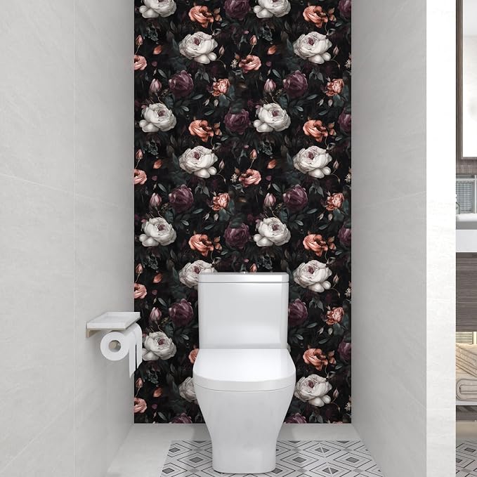 Gothic Dark Purple Rose Floral Wallpaper Peel and Stick 17.5"x393" | Self Adhesive/Removable/Waterproof/Thick Vinyl Contact Paper for Bathroom Bedroom Shelf Cabinet Drawer,Prepasted,Easy Peel