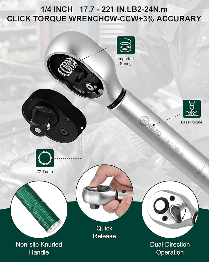 1/4" Drive 53Pcs Click Torque Wrench Set, 2-24 Nm | ±3% High Precision 72-Tooth Reversible Cr-V Tool for Auto, Motorcycle & Bicycle Repair with Storage Case