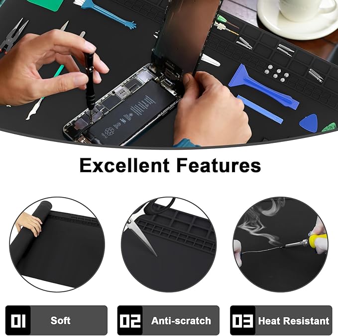 23.7''x13.8'' Extra Large Soldering Mat Premium Silicone 932°F Heat Resistant Repair Mat Non-Slip Large Soldering Mat for Soldering Iron, DIY Projects, Electronics, Phone, Laptop Repair (Black)