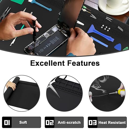 23.7'' x 13.8'' Extra Large Silicone Soldering Mat with Wrist Strap 932°F Heat Resistant Solder Mat Premium Silicone Repair Mat Work Mat for Electronic, Cellphone, Laptop Repair (Black)