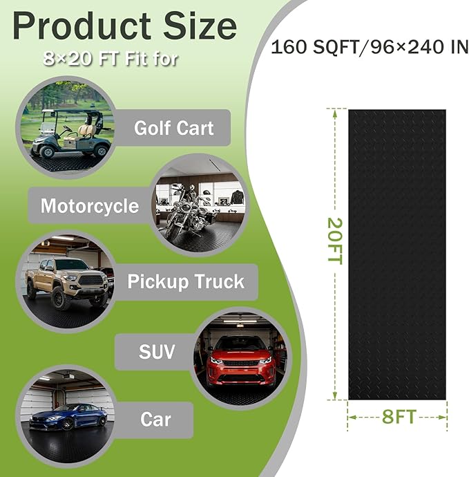 8x20 FT Garage Floor Mat, 2.8mm Thickened Flooring Roll for Under Car Diamond Plate PVC Rubber Mat with 20 Pcs Tapes, Non-Slip Floor Mat for Garage, Warehouse, Gyms, Trailer,Black