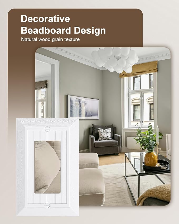 2-Pack Classic Beadboard Decorator Wall Plate Cover, Pure White Decorative Switch Plates and Outlet Covers, Durable Unbreakable Polycarbonate Wall Plates for Electrical Outlet, Receptacle, GFCI Outlet