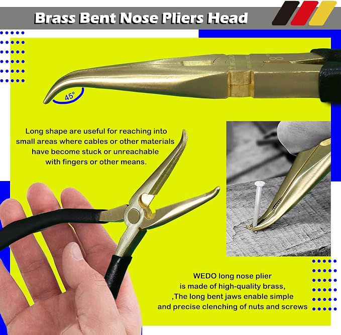 WEDO 4-Piece Brass Pliers Set With Non-Slip Handle: 8" Long Nose, 8" Snipe Nose, 6" Slip Joint, 10" Groove Joint