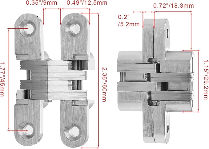 Hidden Gate Hinge 2-3/8" Stainless Steel 180 Degree Invisible Cross Hinges for Kitchen Cabinet Door Frameless Concealed Hinge with Screws, 4pcs