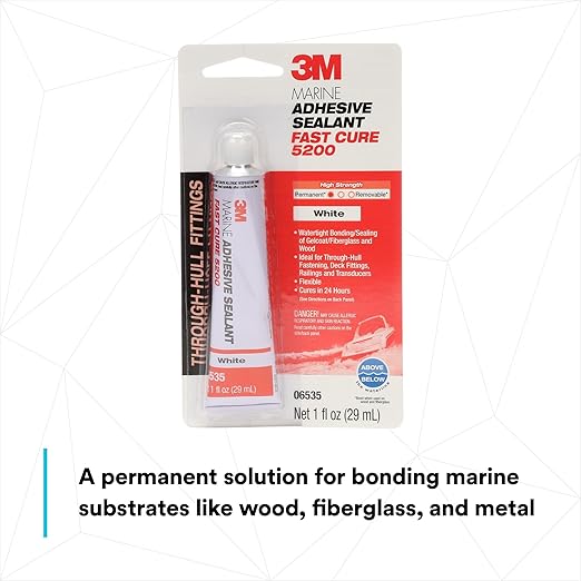 3M Marine Adhesive Sealant Fast Cure 5200 (05220) Permanent Bonding and Sealing for Boats and RVs Above and Below the Waterline Waterproof Repair, White, 3 fl oz Tube
