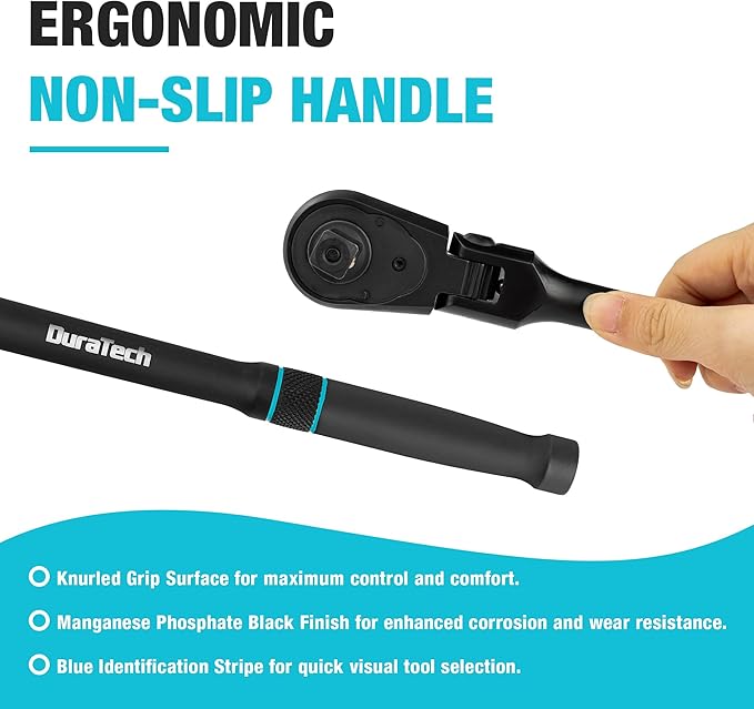DURATECH 1/2-Inch Flex-Head Ratchet, 90-Tooth Quick-Release Ratchet Wrench | Socket Wrench with 180° Pivoting Head and 7-Position Setting, Reversible, CR-V Made, CR-MO Head, Black Mn Phosphate Finish