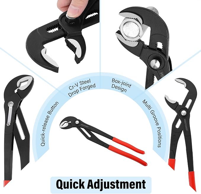 MAXPOWER 16-inch Water Pump Pliers, 3" Jaw Opening V Jaw Adjustable Pliers | Push Button Quick Release Tongue and Groove Pliers, Comfortable Grips