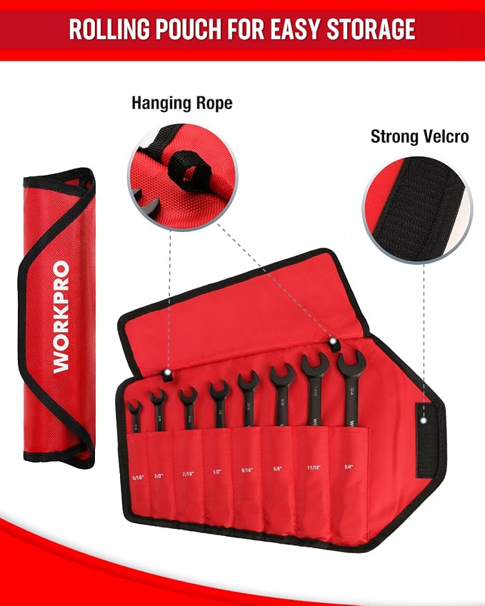 WORKPRO 8-piece Ratcheting Combination Wrench Set, SAE & Anti-Slip Tooth | SAE 5/16-3/4", 180° Flex-Head, 72-Tooth Cr-V Steel, Black Electrophoretic Coating with Rolling Pouch for Auto Repair & DIY