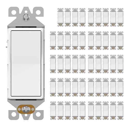 AIDA Single Pole Rocker Decorator Light Switch, 15 Amp Self-grounding Electrical Light Switches, Wall Plate Included, Residential Grade, UL Listed (50 Pack, Matte White)