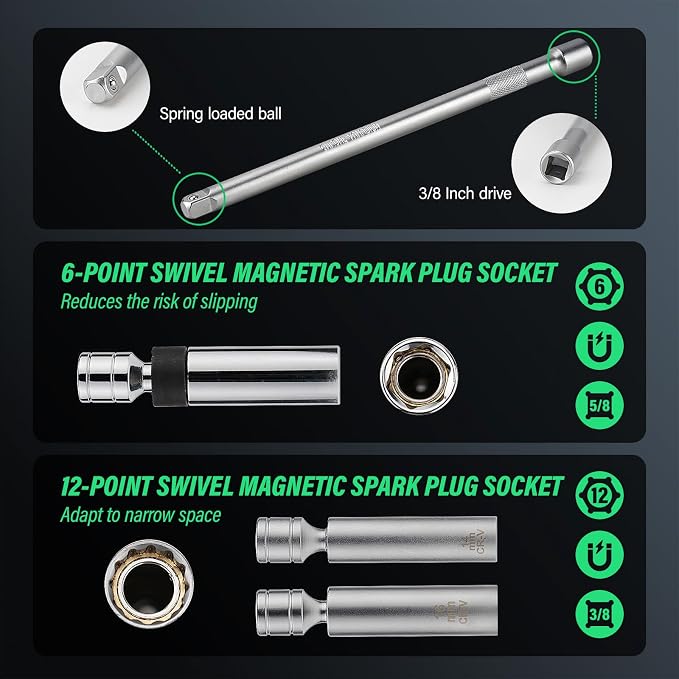 9Pcs Spark Plug Socket Set 3/8" 5-45Ft.lb Torque Wrench with Universal Spark Plug Socket, 1/2 and 1/4 Adapters and Extension Rod
