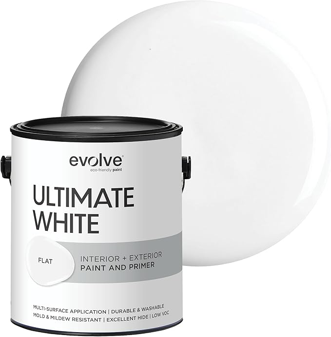 EVOLVE Ultimate White Paint & Primer in One, Flat White, 1 Gallon – Interior & Exterior, One-Coat Coverage, Excellent Hide, Low Odor, Low VOC, Washable Paint for Walls, Ceilings & Trim