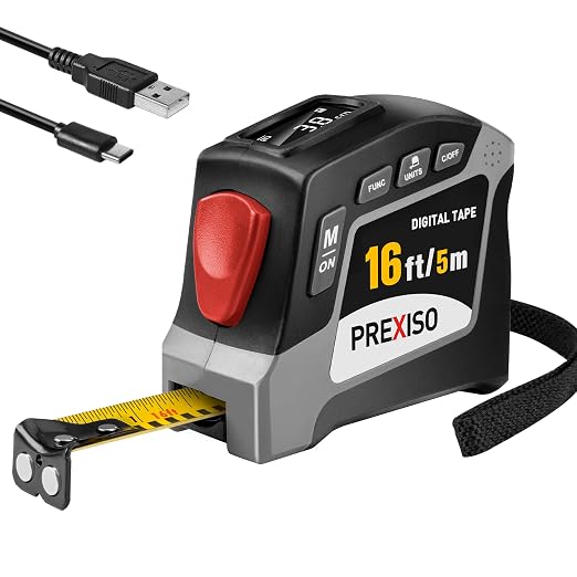 PREXISO 2-in-1 Digital Tape Measure - 16Ft Rechargeable Digital Measuring Tape Ruler Ft/Ft+in/in/M/CM/MM Unit, Metric & Inches Retractable Measurement Tape Tools, Auto Lock, Pythagorean, Area, Volume