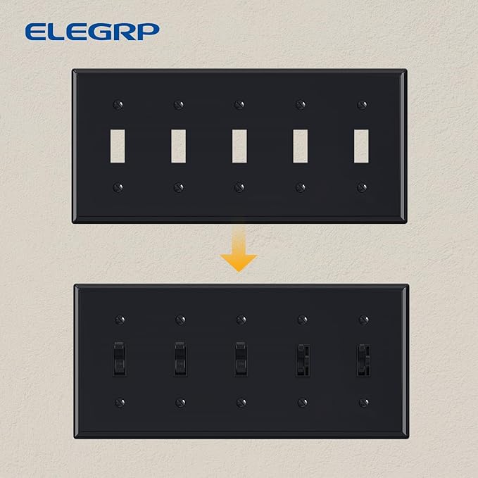 ELEGRP 5-Gang Toggle Switch Wall Plates, Standard Size 4.52" H x 10.03" L Unbreakable Thermoplastic Faceplate Cover for Toggle Dimmer Light Switches, UL Listed (1 Pack, Glossy Black)