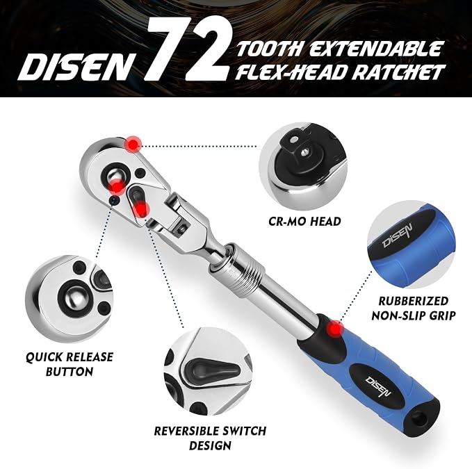 DISEN 3/8" Drive Extendable Ratchet,72-Tooth Flex-Head Ratchet Wrench with Quick Release Locking，Soft-Grip with Reversible Switch,Full-Polished Chrome Plating