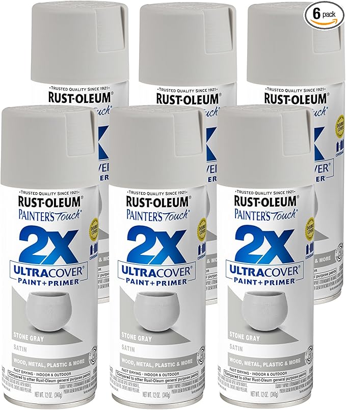 Rust-Oleum 334086-6PK Painter's Touch 2X Ultra Cover Spray Paint, 12 oz, Satin Stone Gray, 6 Pack