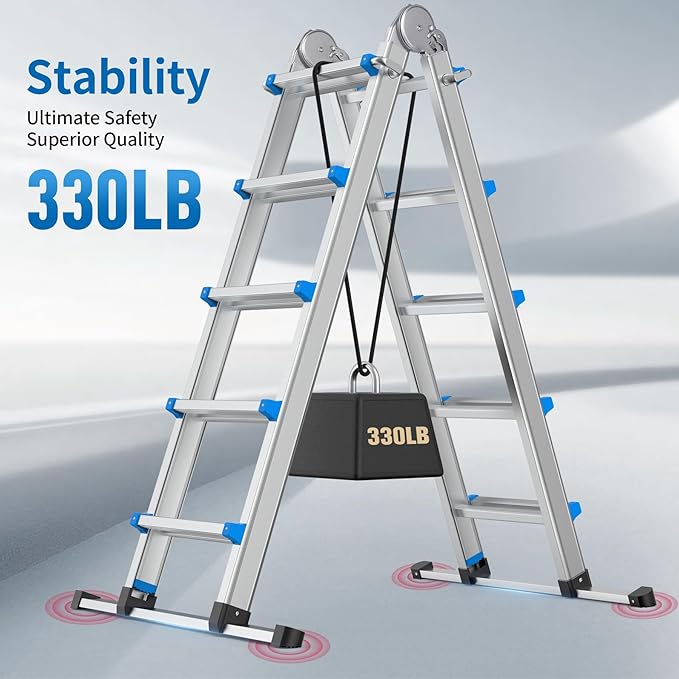 20.5FT Aluminum Foldabl Extension Ladder - Heavy-Duty A-Frame Adjustable Design for Home & Work, 330lbs Capacity, Retractable System with Safety Lock