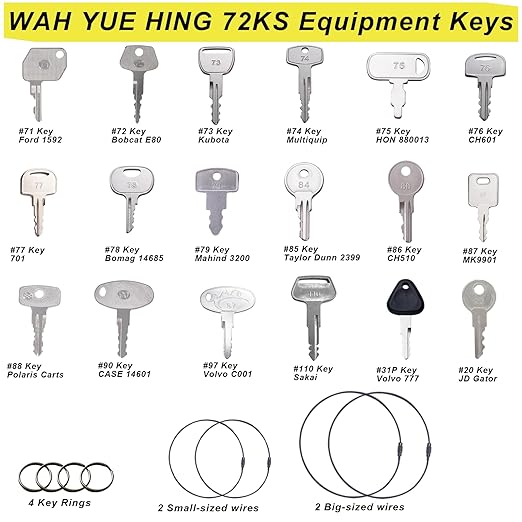 Multi Type Heavy Equipment Master Keys, 72 Contractor Excavator Dozer Skid Steer Loader Forklift Roller Operators Keys Fit Case JCB Kubota KOM Volvo CAT JLG Hyster Hitachi John Deere JD