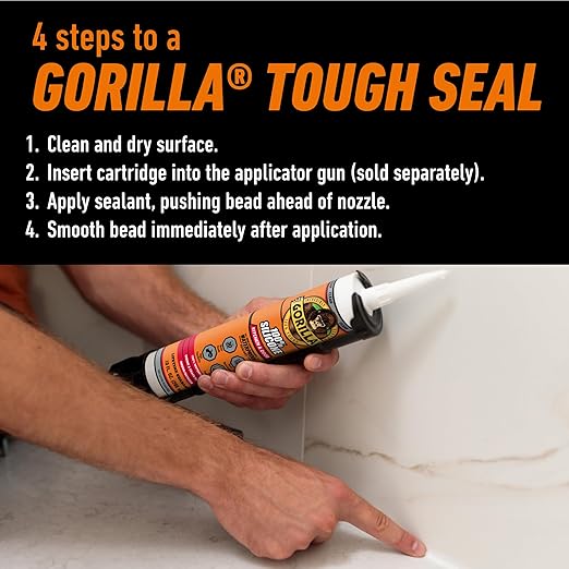 Gorilla 100% Silicone Caulk Kitchen & Bath Sealant, Mold Resistant, 10 oz. Cartridge, Clear