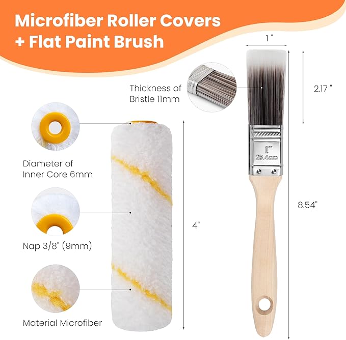 Paint Roller Covers, 25 Pack, 4 Inch 3/8" Nap Mini Microfiber Roller Covers for Painting, Roller Brush Covers, Small House Painting Supplies for Walls, Ceilings, Trim & DIY Projects