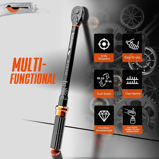 Inch Pound Torque Wrench 1/4 Drive Click 20-220 In.Lb / 2.3-24.9 N.m | ±3% Accuracy Dual-Direction CR-V 72-tooth Dual-Scale for MTB Bicycle, Bike, Small Equipment , Motorcycle Repair