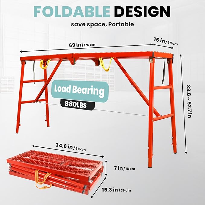 Folding Scaffolding Platform 69"x52.7"x15", 880 Lbs Capacity, 5-Level（33.8-52.7“） Height Adjustable Work Platform with Rhombus Anti-Slip Surface, Portable Scaffolding Ladder for RV and Home Decor