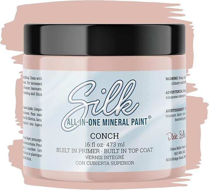 Dixie Belle Silk All-in-One Mineral Paint - Conch (16oz) - Pretty Pink Water Based Built-In Primer + Topcoat for Wood + Metal - Durable Furniture Paint - Low Reflective Finish