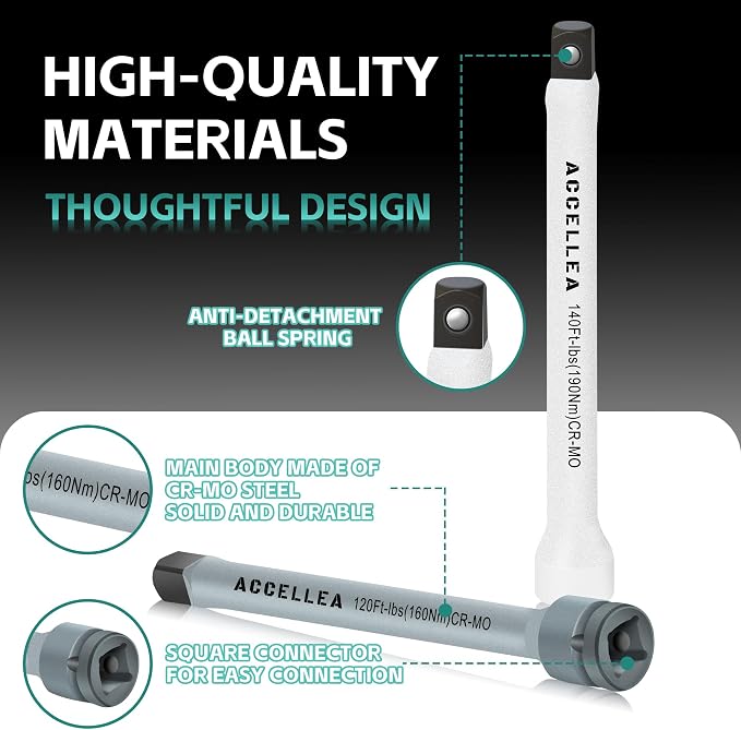 5Pcs Torque Limiting Extension Set 1/2" Drive 65-140 Ft-Lbs Torque Sticks | 8" Long Industrial Grade CR-MO Steel, Color-Coded Impact Socket Extension Bar Set, SAE Standard for Lug Nuts, Tire Repair