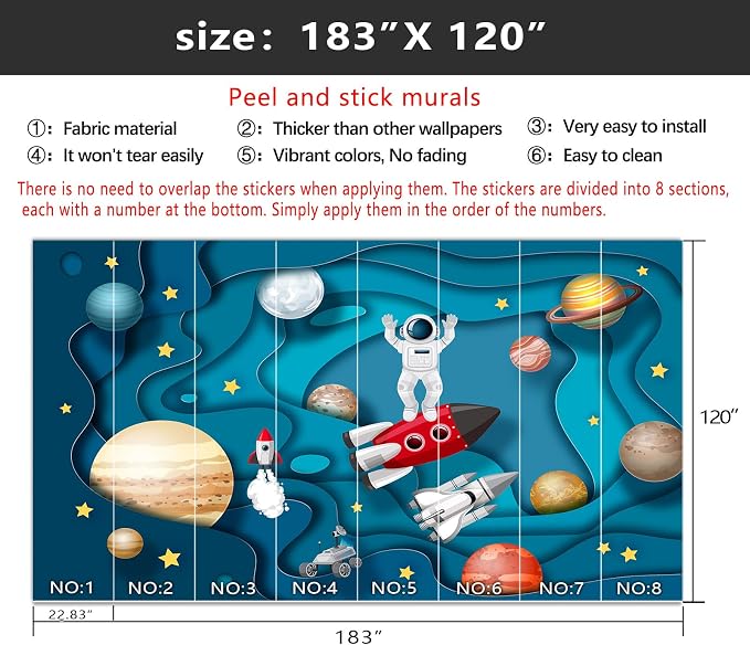 YIHWM-Peel and Stick Cartoon Planet Wallpaper Outerspace Astronaut Mural | Tear-resistant,with a substantial feel;the product is unlikely to be damaged when repositioned.Boys'Bedroom.XXL-183"x120"