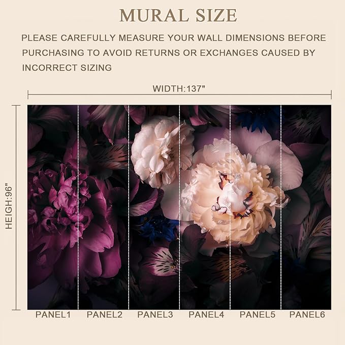 MFWFM Dark Floral Peel and Stick Wallpaper Peony Flowers Wall Murals | 137"x96", for Bedroom Living Room Bathroom, Self Adhesive Canvas