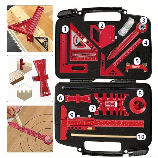 Aluminium Woodwork Measuring and Scribing Tool Set - 9 Piece Precision Kit for Carpentry and DIY Projects with Storage Box(9 Pieces.)