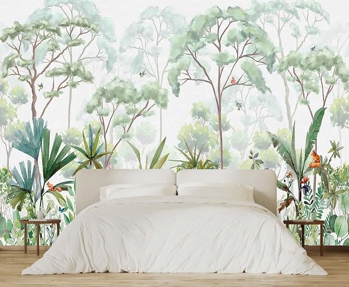 Jdayda Tropical Forest Wallpaper Mural Green Botanical Leaves Rabbit | 127"x96" Not Self-Adhesive Wall Mural Watercolor Art for Bedroom Living Room