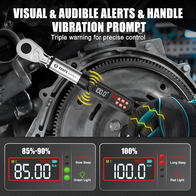 VANPO 1/2 Drive Digital Torque Wrench Set 7.4-147.5 ft.lb, ±2% Accuracy | 10-200 Nm, Electronic Torque Wrench with Sockets & Extension Bar, Buzzer/LED/Vibration Alarm, for Tire Lug Nuts, Auto Repair